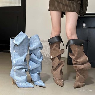 Niche design button denim boots Women's pointed pleated pile boots hot girls thin heel long boots high heel knee-high boots