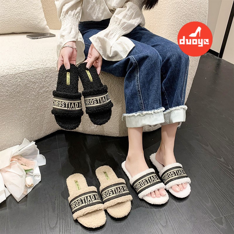 Duooya Dép Bông Thẳng ~  Dép Bít Mũi Thêu Chữ Phong Cách Hàn Quốc Thời Trang Thu Đông Ấm Áp Cho Nữ Miễn Phí Vận Chuyển