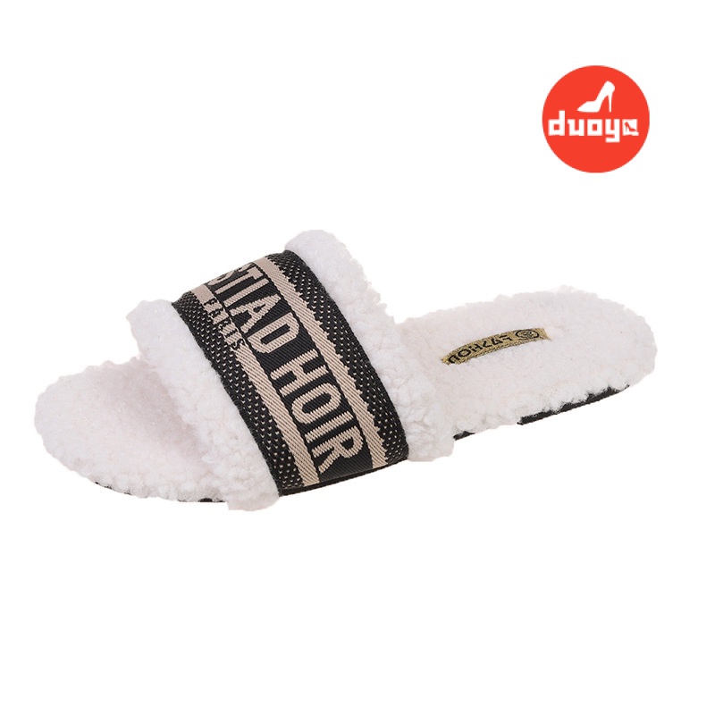 Duooya Dép Bông Thẳng ~  Dép Bít Mũi Thêu Chữ Phong Cách Hàn Quốc Thời Trang Thu Đông Ấm Áp Cho Nữ Miễn Phí Vận Chuyển