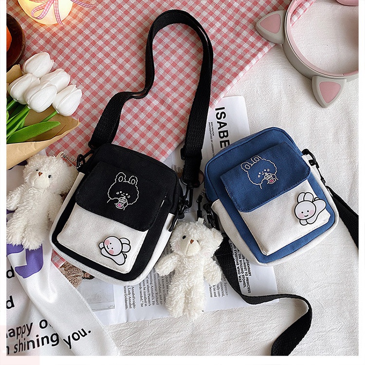 Túi Đeo Chéo Vải canvas Dáng Vuông Nhỏ Màu Sắc Tương Phản Phong Cách Hàn Quốc Thời Trang Cho Nữ