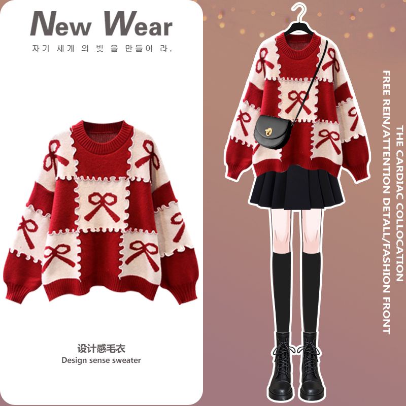 Z set Áo Len Dài Tay Và Chân Váy Xếp Ly Phong Cách Giáng Sinh Thời Trang Thu Đông Cho Nữ z3h9