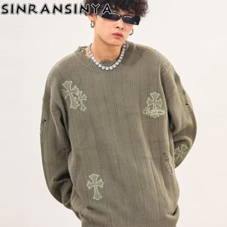 Sinransinya Áo sweater Tay Dài Cổ Tròn Thiết Kế Lỗ Chéo Phong Cách Đường Phố Mỹ Thời Trang Cao Cấp Cho Nam