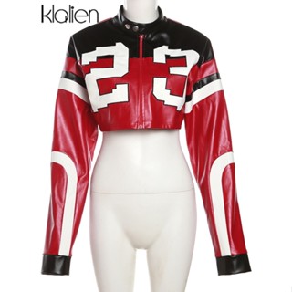 Klalien In Chữ Dài Tay Áo Khoác Nữ Da PU Dây Kéo Crop Coat Nữ Biker Dạo Phố Vintage Áo Khoác Ngoài Hàng Đầu