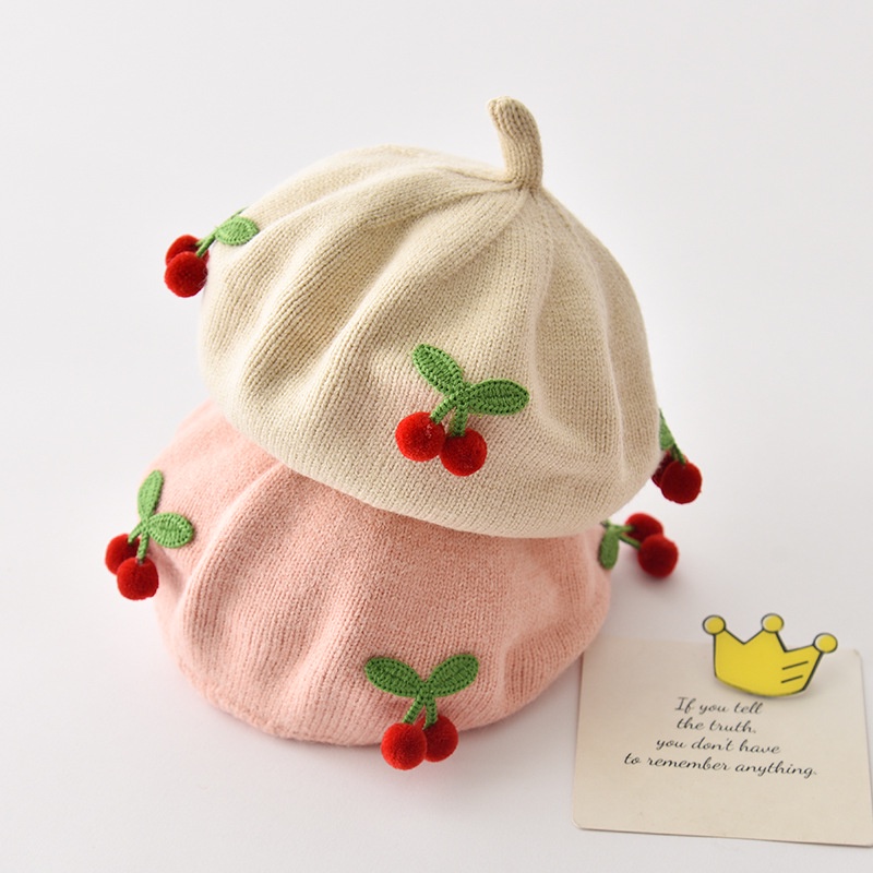 Mũ beret Dệt Kim Màu Trơn Giữ Ấm Mùa Thu Đông In Họa Tiết cherry Dễ Thương Phong Cách Hàn Quốc Cho Bé Gái Sơ Sinh