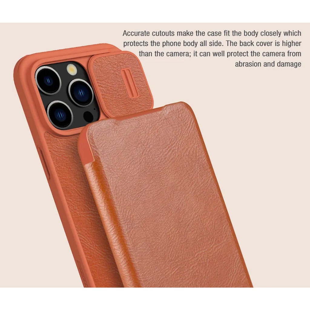 Bao da dành cho iPhone 15 Pro Max, 15 Pro hàng chính hãng Nillkin QIN có nắp trượt bảo vệ camera - Hàng nhập khẩu