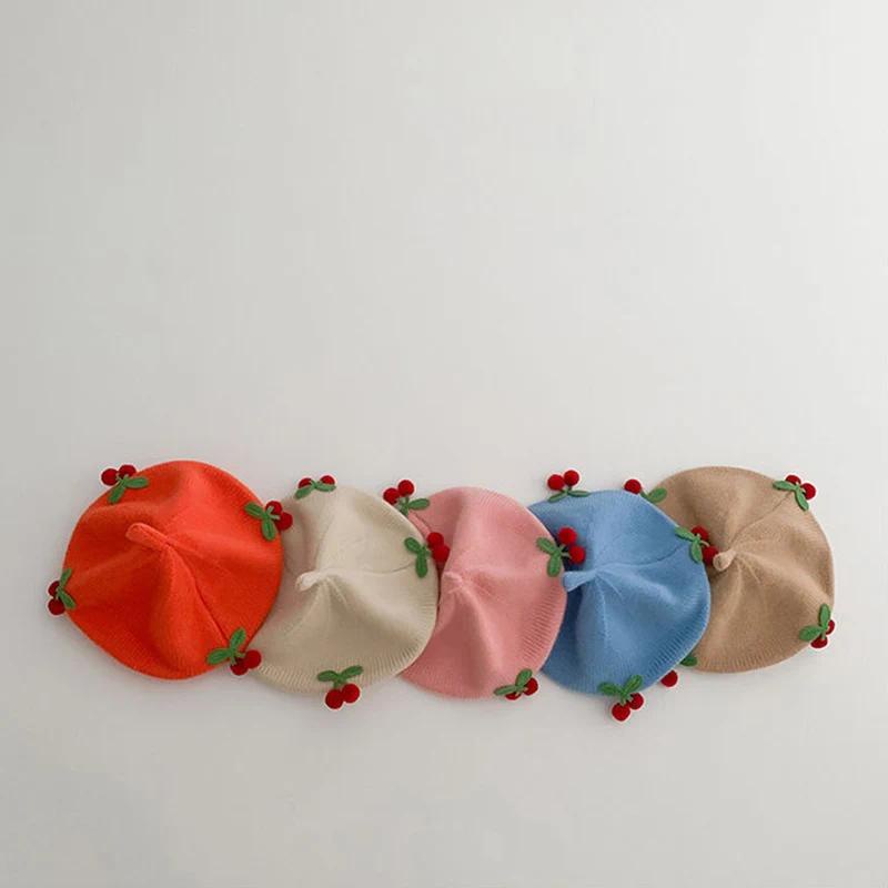Mũ beret Dệt Kim Màu Trơn Giữ Ấm Mùa Thu Đông In Họa Tiết cherry Dễ Thương Phong Cách Hàn Quốc Cho Bé Gái Sơ Sinh