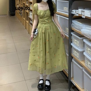 Đầm Lovito xếp nếp hoa nhí thường ngày cho nữ LNA17144 (Màu xanh lá)