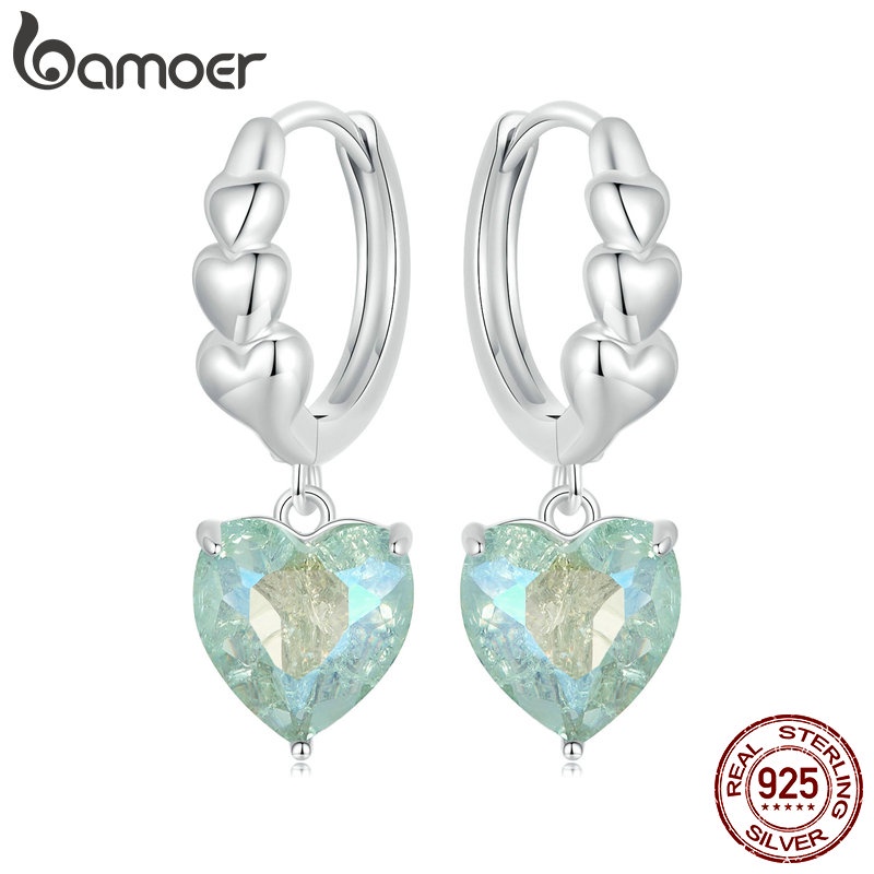 BAMOER Bông Tai Bạc 925 Hình Trái Tim Đính Đá zircon Xanh Dương Thời Trang Cho Nữ
