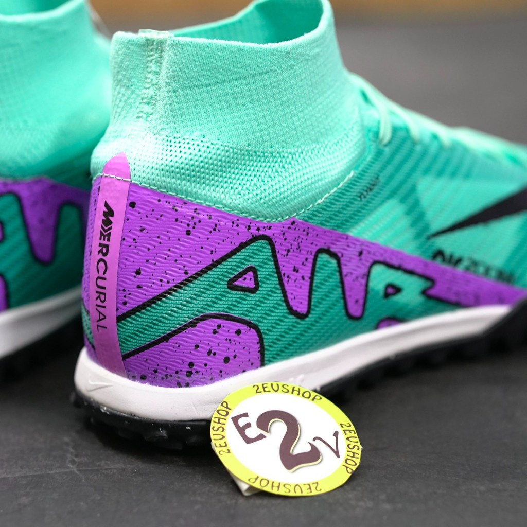 Giày bóng đá cao cổ Air Zoom Mer Superfly 9 Elite Xanh Ngọc, giày đá banh cỏ nhân tạo nam đã khâu đế - 2EVSHOP