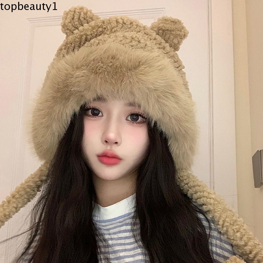 1 Mũ Len Tai Gấu Bông Giữ Ấm Mùa Đông Dành Cho Nữ