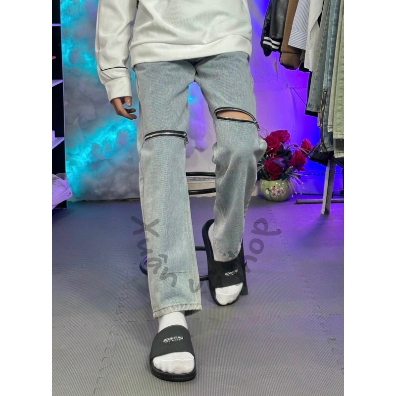 Quần vải bò jean ống rộng suông xuông nữ jeans cạp cao thêu khóa gối