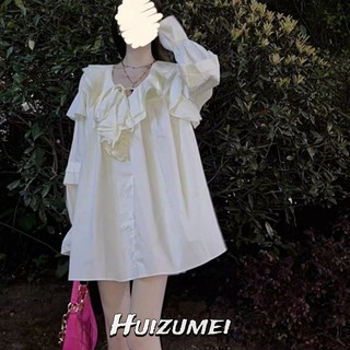 Huizumei Đầm babydoll Tay Dài Màu Trắng Phối Bèo Phong Cách Pháp Ngọt Ngào Thời Trang Cho Nữ