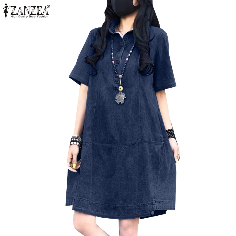 Đầm denim ZANZEA tay ngắn dáng rộng cài nút trước thời trang cho nữ | BigBuy360 - bigbuy360.vn