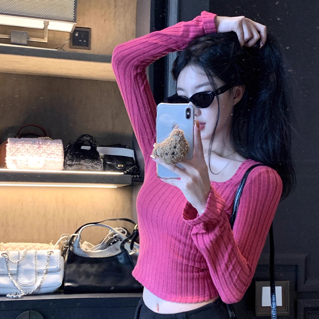 Áo sweater Tay Dài Cổ Vuông Dáng Ôm Ngắn Thời Trang Cho Nữ