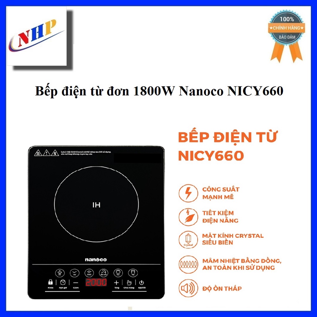 Bếp từ đơn Nanoco NICY660 1800W - Mặt kính Crystal, Kích thước 280x350mm