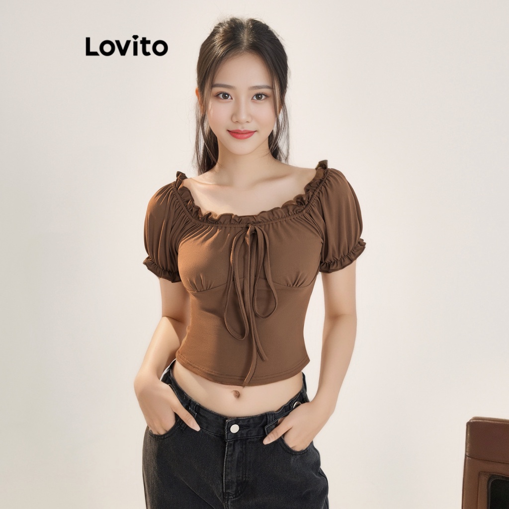 Lovito Áo thun Preppy Plain Lettuce Trim Ren Up Tay Phồng cho Nữ L56ED060 (Kaki/Đen)