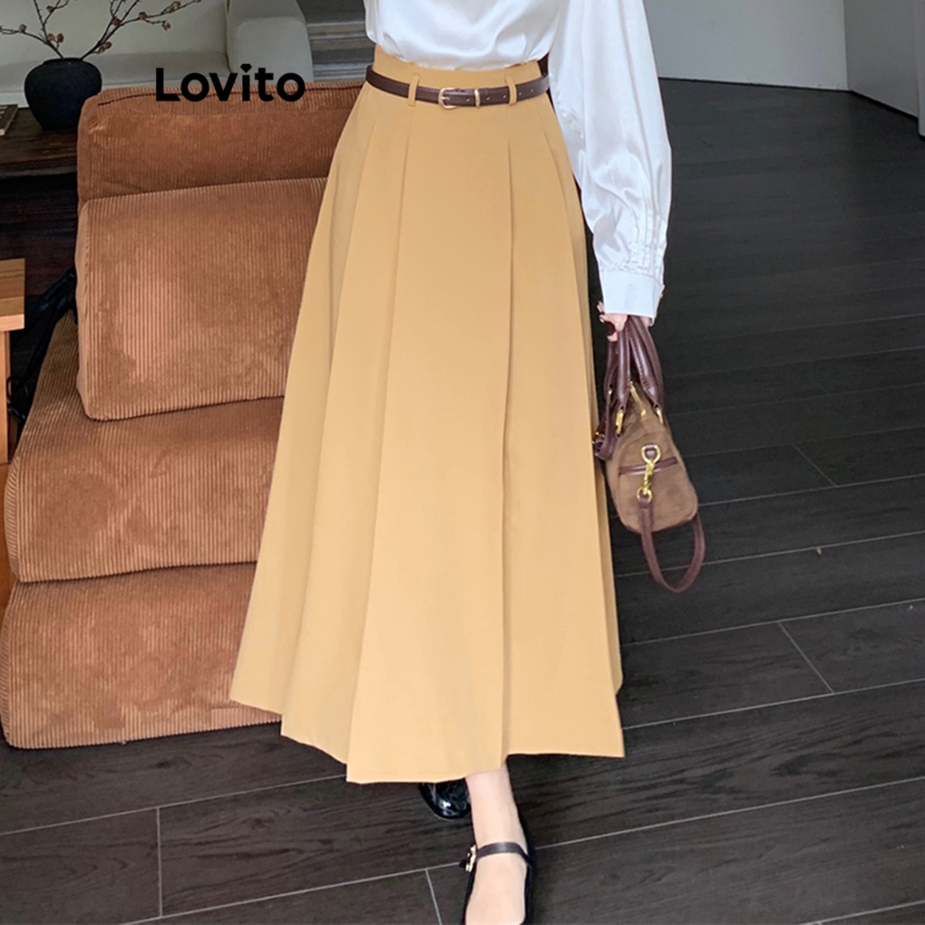 Lovito Váy xếp ly trơn đơn giản cho nữ LNE29485 (Kaki)