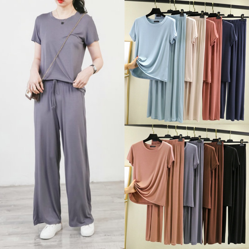 Bộ Đồ Ngủ Hai Mảnh Áo Tay Ngắn Quần Dài Ống Rộng Vải cotton Trơn Mỏng Thời Trang Mùa Hè Dành Cho Bạn Nữ