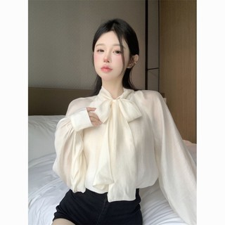 Tính Khí Pháp Phối Ren Nơ Dài Tay Áo Sơ Mi Nữ Thiết Kế Niche Sang Trọng Áo Sơ Mi Top Xuân Thu Phong Cách Mới