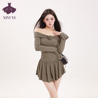 Xiyuyi Đầm Dệt Kim Ôm Dáng Hở Vai Xếp Ly Eo Y2k Thời Trang Nóng Bỏng Cho Nữ