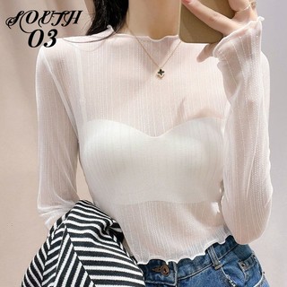 Áo Kiểu Vải Lụa Phối Lưới Mỏng Xuyên Thấu Gợi Cảm Cho Nữ