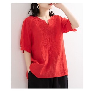 Áo Thun Cotton Lanh Cổ Tròn Tay 3 / 4 Thêu Họa Tiết Cổ Điển Thoải Mái Cho Nữ 2024 M-3XL