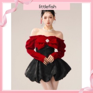[Littlefish] Đầm Đỏ Trễ Vai Đính Nơ Eo Nhỏ Phong Cách Pháp Kỷ Niệm Năm Mới Ngọt Ngào