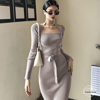 Đầm Dệt Kim Dáng Dài Xẻ Tà Kiểu Retro Thời Trang Mùa Thu Cho Nữ