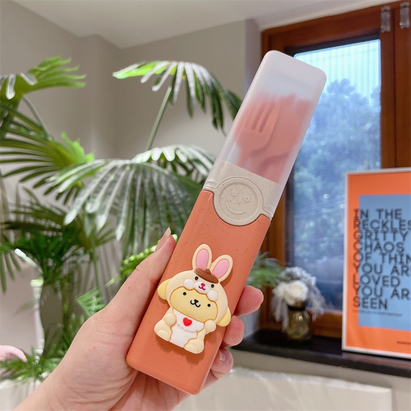 Bộ dao kéo Sanrio Bộ thìa đũa rơm lúa mì Bộ đồ ăn Kuromi My Melody Fresh dễ thương Bộ hộp đựng đồ ăn du lịch ngoài trời Bộ đồ ăn di động