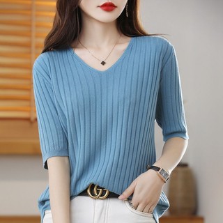 Mới Áo Thun Nữ Tay Lửng 3 / 4 Cổ Chữ v Thời Trang