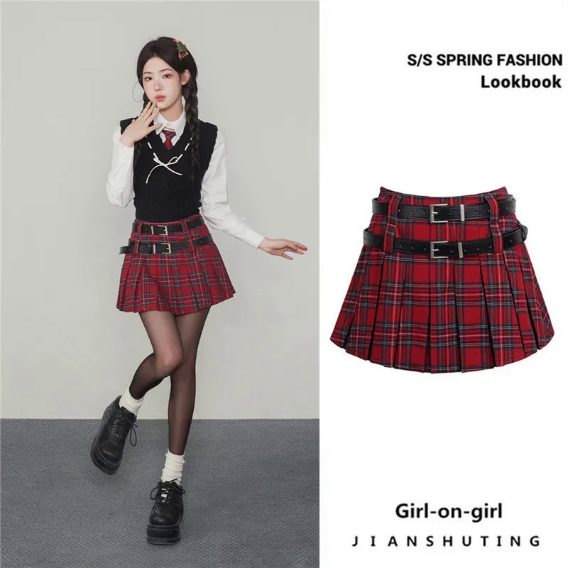 Yimo Chân Váy Ngắn Lưng Cao Xếp Ly Sọc Ca Rô Phong Cách retro Dành Cho Nữ