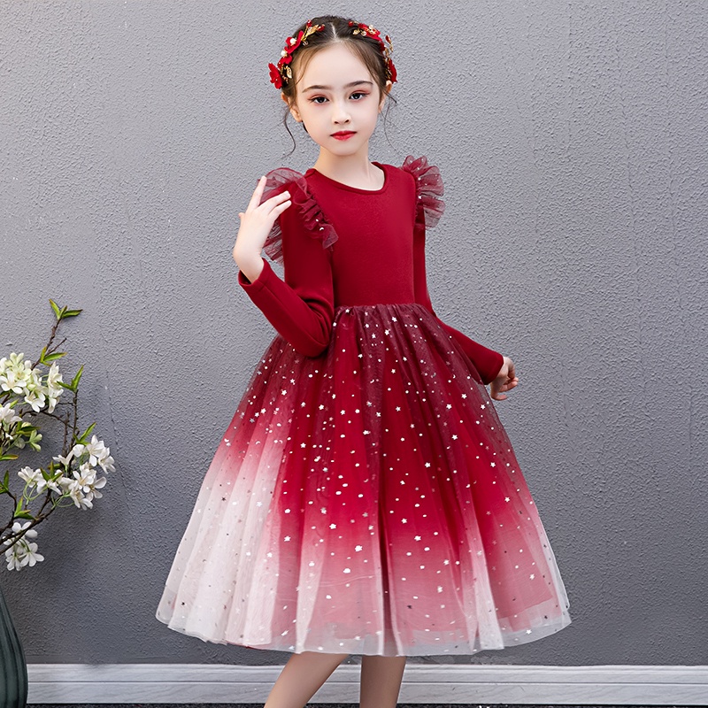Đầm Lưới Tay Dài Họa Tiết Ngôi Sao Năm 2023 Màu Đỏ / Xanh Dương Dành Cho Bé Gái Trình Diễn