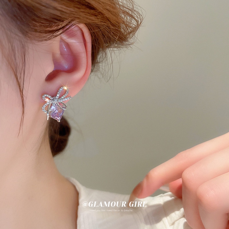 Khuyên Tai Bạc Đính Đá zircon Tím Sang Trọng Phong Cách Hàn Quốc