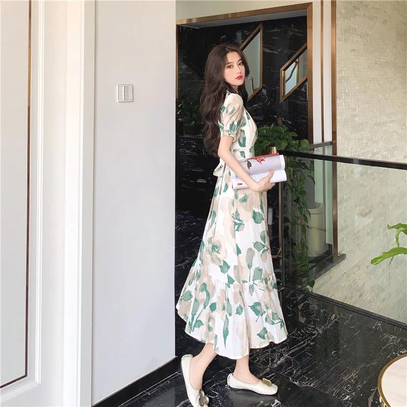 Váy Đầm Hoa Xanh Lá Vai Phồng, Cổ V, Thắt Eo Siêu Xinh, Váy Đi Chơi, Váy Hoa