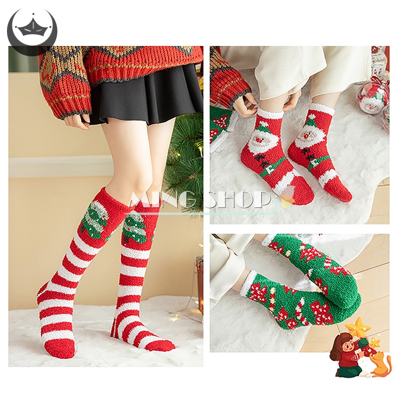 Ming Vớ Lông Cừu San Hô Ấm Áp Hình Ông Già Noel Tuần Lộc Giáng Sinh