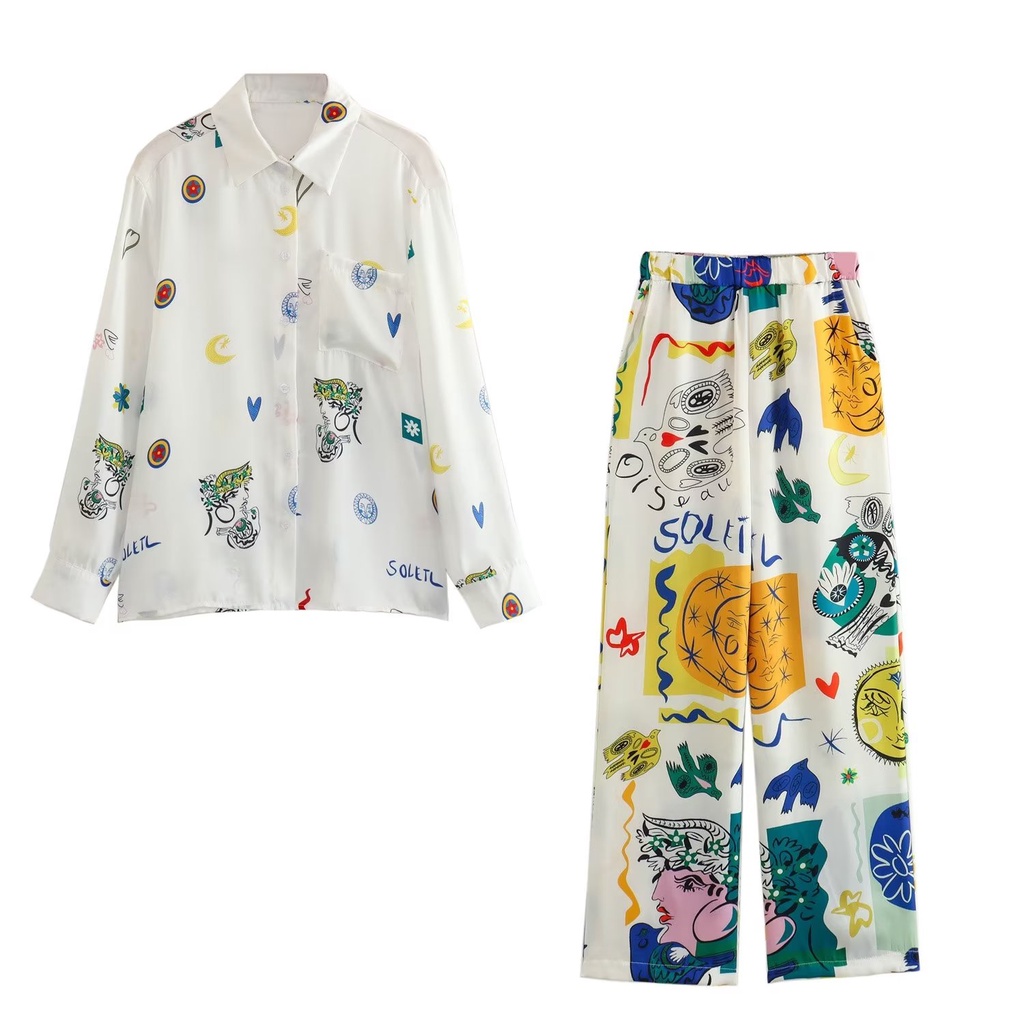 Zara Bộ Áo Sơ Mi Tay Dài Dáng Rộng + Quần Dài Ống Suông Thời Trang Mùa Hè