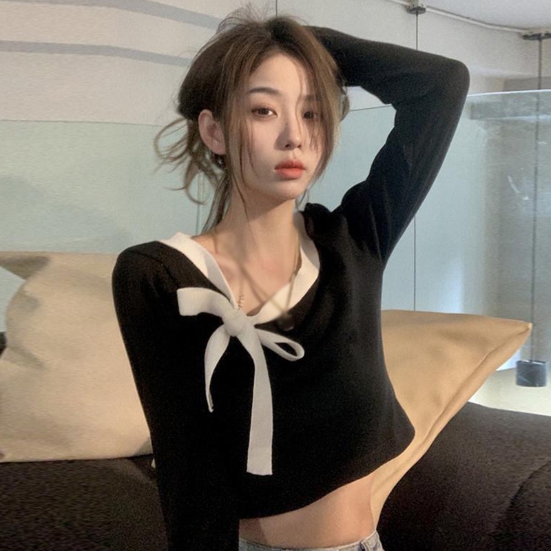 Áo Thun croptop Dệt Kim Tay Dài Cổ Tròn Thắt Nơ Màu Tương Phản Phong Cách Hàn Quốc Thời Trang Cho Nữ