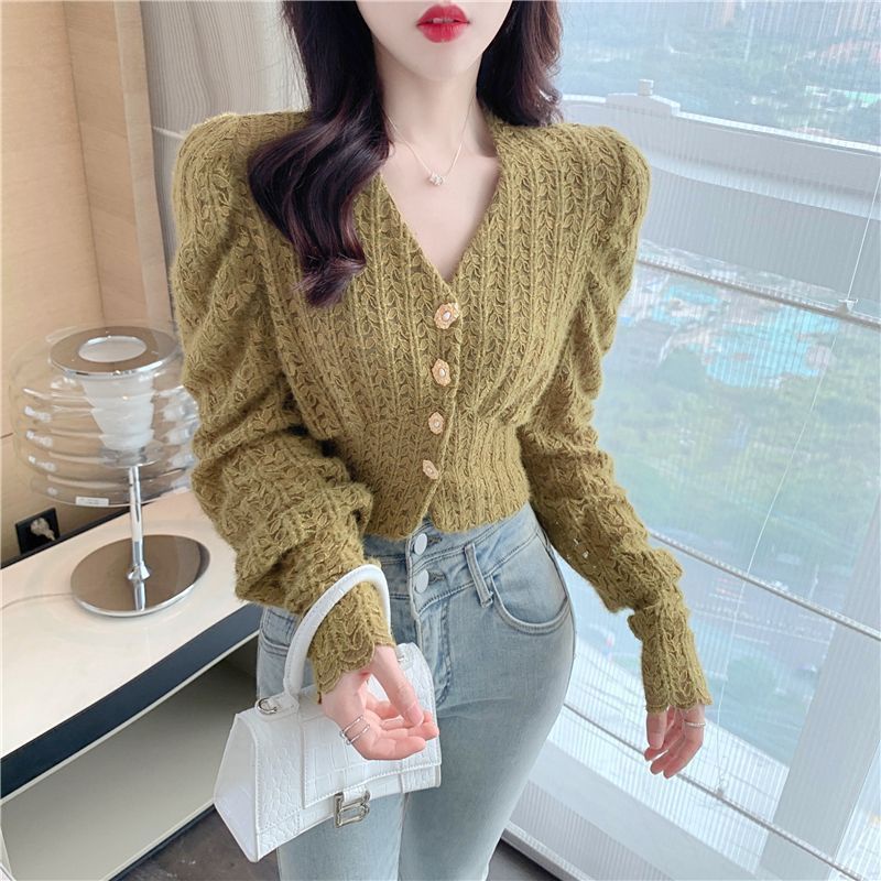 Áo Kiểu Ôm Eo Tay Phồng Phối Ren Gợi Cảm Thời Trang Thu Đông 2023 Cho Nữ