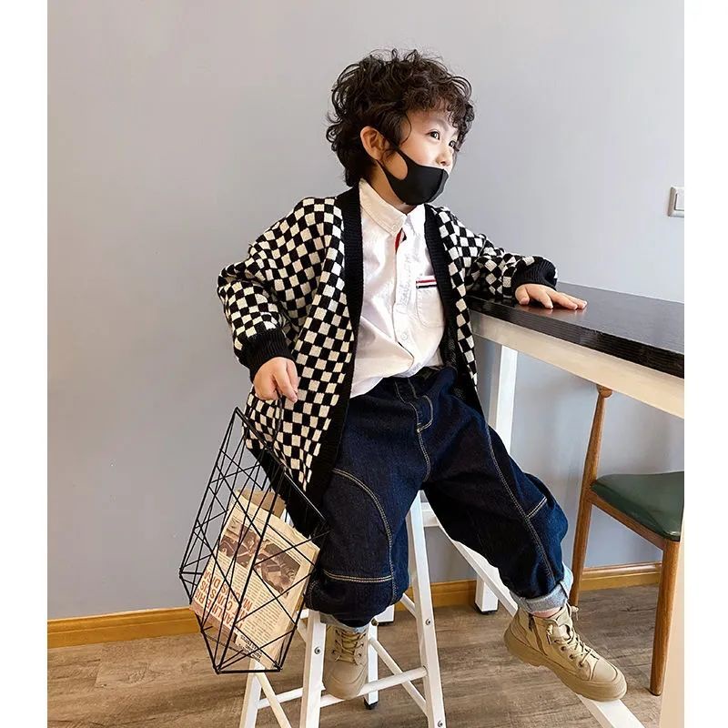Áo Khoác cardigan Dệt Kim Sọc Ca Rô Đen Trắng Thời Trang Xuân Thu Cá Tính Dành Cho Bé