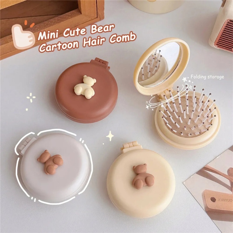 Lược Chải Tóc mini Tích Hợp Gương Tròn Chống Tĩnh Điện Thiết Kế Hình Gấu Hoạt Hình Dễ Thương