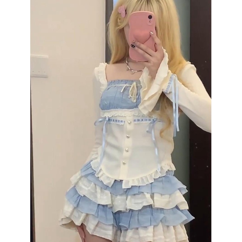 Dopamine Set Áo Sơ Mi Tay Dài Phối Chân Váy Tầng Màu Trơn Thời Trang Mùa Thu 2023 6fpe