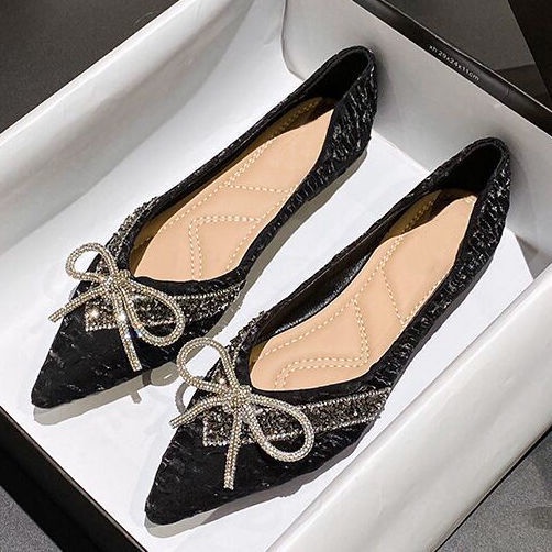 Giày Búp Bê Mũi Nhọn Đế Mềm Đính Đá Thời Trang Cho Nữ