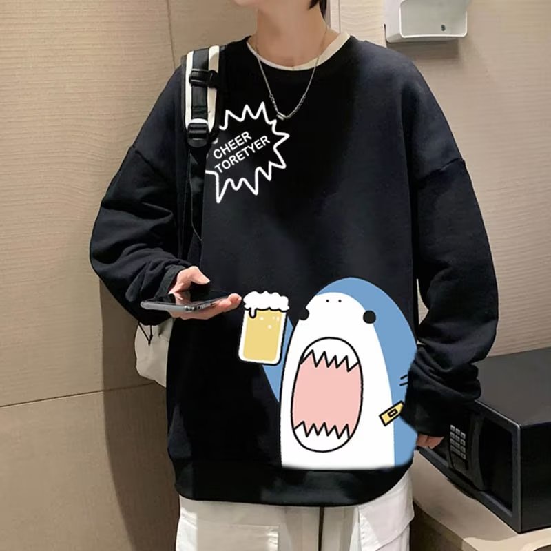 Áo sweater nam bigsize M-8XLÁo Sweater cotton Nhung Dày Tay Dài Cổ Tròn In Hình Cá Mập Hoạt Hình Phong Cách Mỹ Thời Trang Mùa Thu Cho Nam