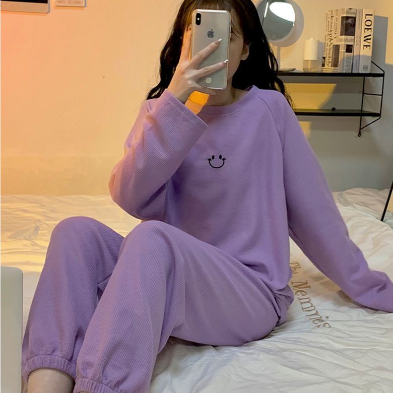 Bộ Đồ Ngủ Tay Dài Dáng Rộng in Hình Bánh waffle Cười Dễ Thương Thời Trang Mùa Thu Cho Nữ