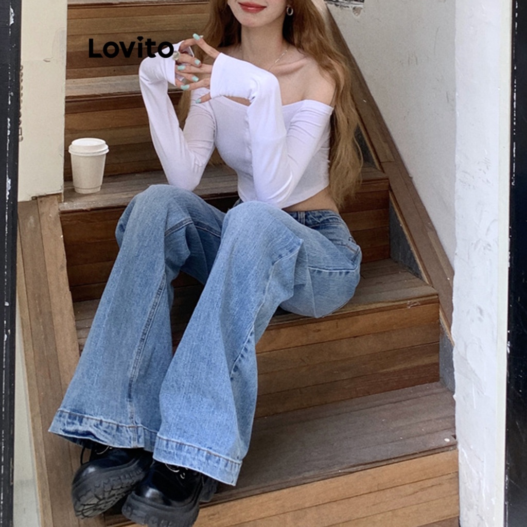Lovito Áo thun trễ vai trơn đơn giản dành cho nữ LNA26161