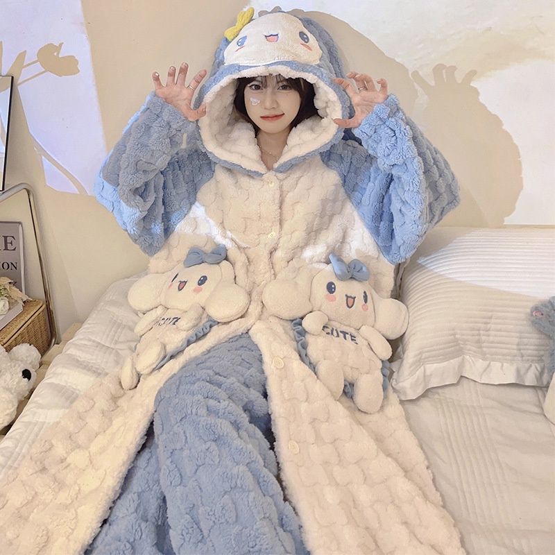 Áo Choàng Ngủ Dáng Dài Chất Nỉ Dày Dặn In Họa Tiết Hoạt Hình Dễ Thương Thời Trang Thu Đông Cho Nữ