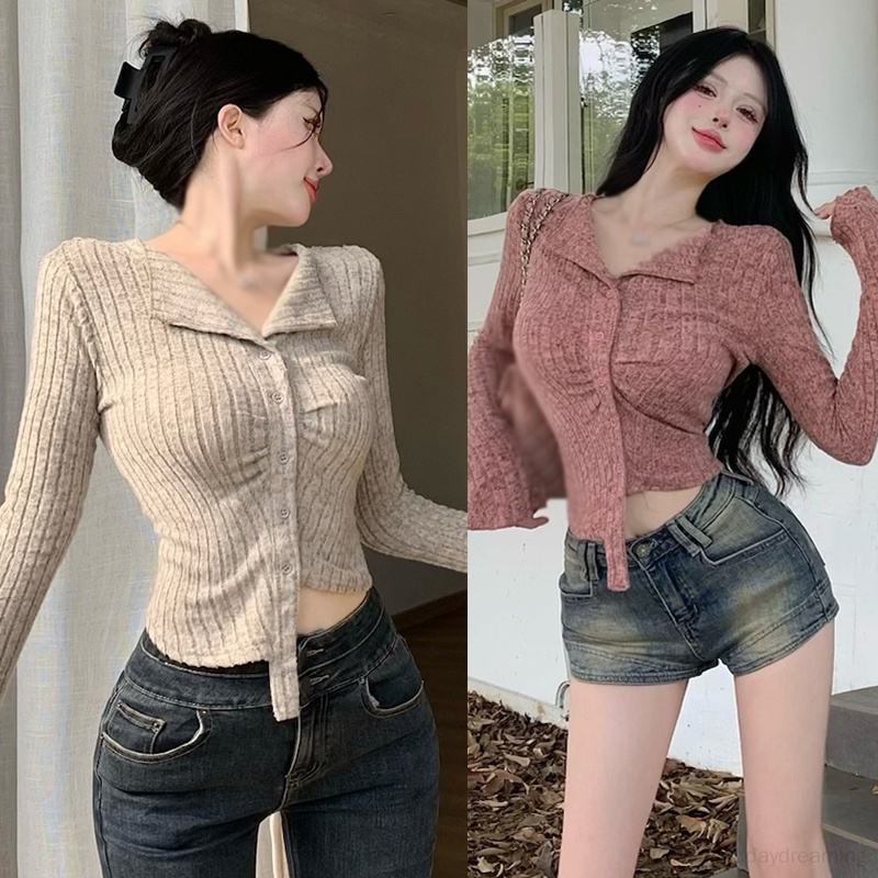 Áo croptop Dệt Kim Màu Trơn Dáng Ôm Thời Trang Cho Nữ