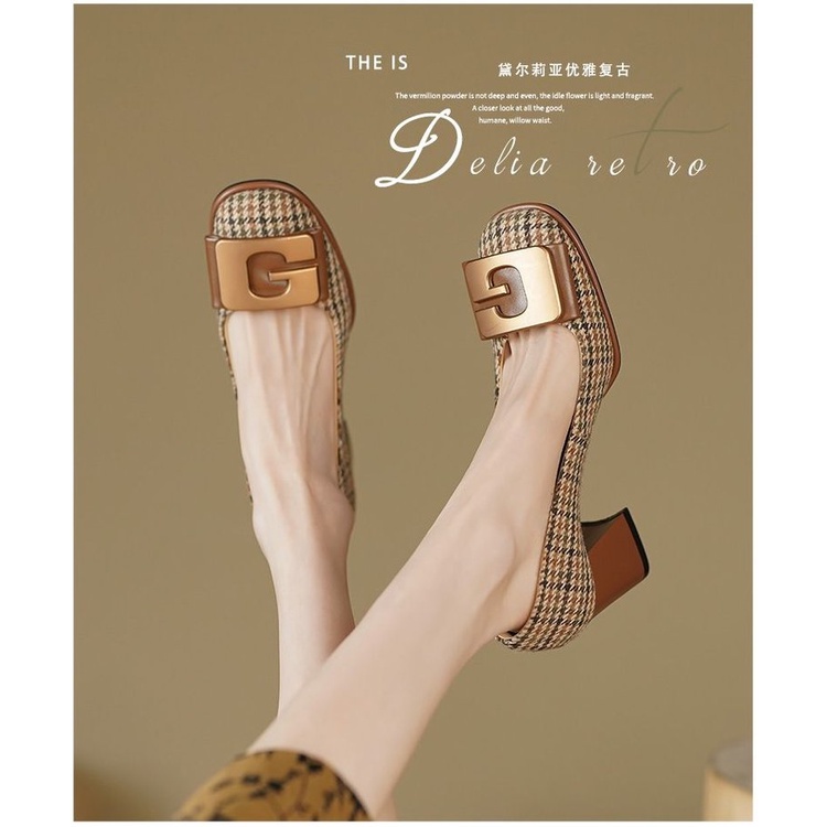 Giày Cao Gót Mũi Vuông Họa Tiết Sọc Caro Có size Từ 34-40 Cao Cấp Thời Trang Dành Cho Nữ