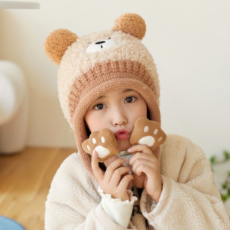 Mũ Trùm Đầu Dày Dặn Giữ Ấm Bảo Vệ Tai Họa Tiết Hoạt Hình Phong Cách Hàn Quốc Thời Trang Thu Đông Cho Bé Trai Và Gái