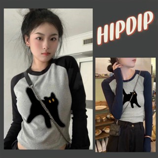 【100% cotton Áo baby tee  Áo Thun Tay Dài Áo croptop tay dài Hở Vai Màu Sắc Tương Phản Phong Cách retro Mỹ Thời Trang Mùa Thu Cho Nữ